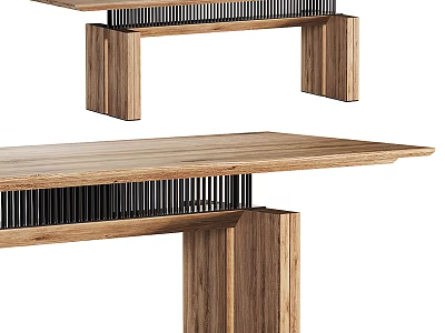 Modern Wooden Dining Table With Rectangular Tabletop And Slatted Black Legs Structure 3d model