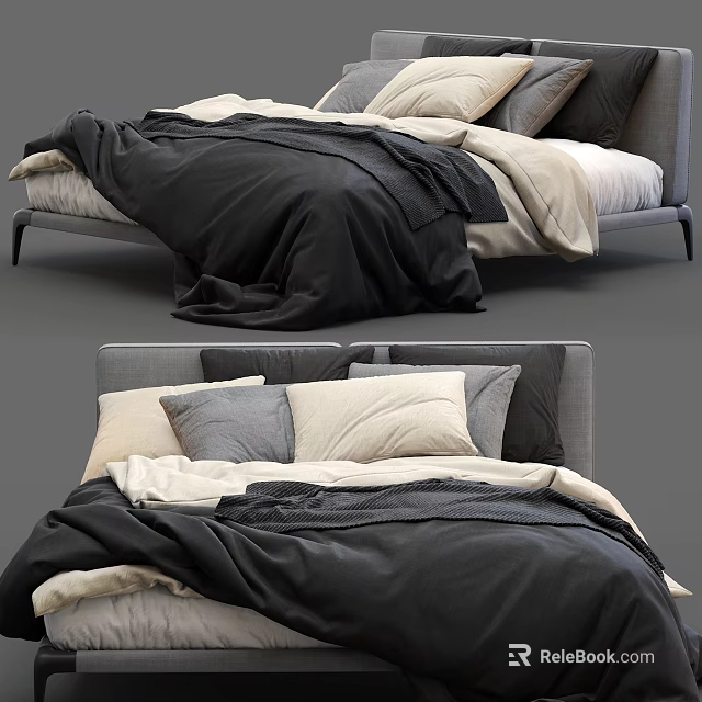 Cozy Modern Double Bed With Gray Headboard Black Beige Bedding And Plush Pillows 3d model 
