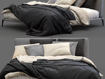 Cozy Modern Double Bed With Gray Headboard Black Beige Bedding And Plush Pillows 3d model