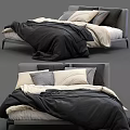 Cozy Modern Double Bed With Gray Headboard Black Beige Bedding And Plush Pillows