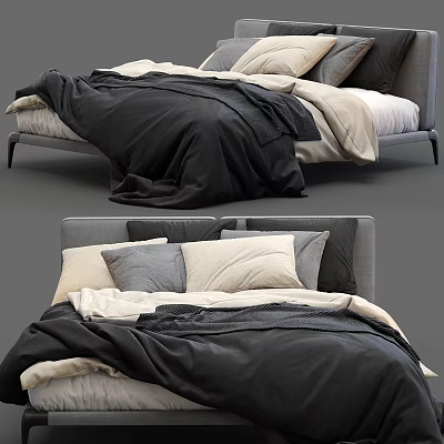 Cozy Modern Double Bed With Gray Headboard Black Beige Bedding And Plush Pillows 3d model