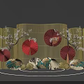 Traditional Decorative Scene With Golden Screens Red Fans Plum Blossom Branches And Glowing Ring Base