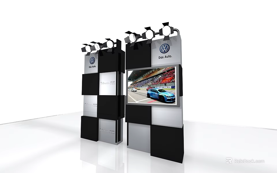 Volkswagen Carrera Cup Backdrop With Black White Checkered Design Spotlights And Racing Car Screen 3d model 