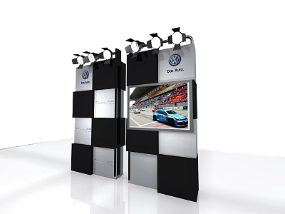 Volkswagen Carrera Cup Backdrop With Black White Checkered Design Spotlights And Racing Car Screen 3d model