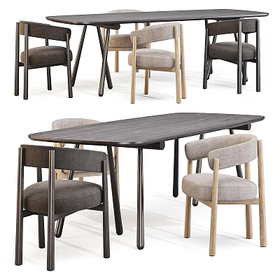 Modern Dining Table And Chairs Set With Wooden Top Metal Legs And Upholstered Seats 3d model