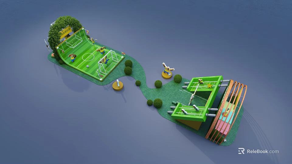Green Mini Recreational Area With Football Field Sports Court Trees Path And Decorations 3d model 