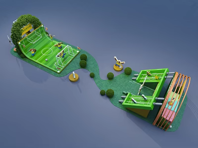 Green Mini Recreational Area With Football Field Sports Court Trees Path And Decorations 3d model