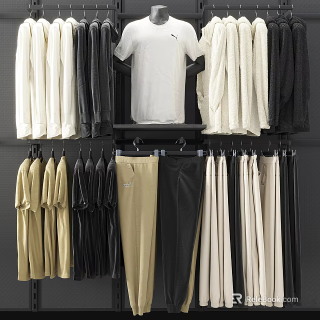 Hanging Clothes In Various Colors With Tops And Pants Neatly Displayed 3d model 