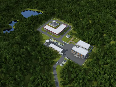 Industrial Factory Surrounded by Lush Green Forest and Lake with Modern Buildings Parking and Roads 3d model