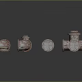 Rusty Metal Pipe Fittings With Various Shapes And Colorful Industrial Wheels On Dark Surface