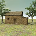 Traditional Old Stone House Surrounded by Two Large Trees on Grassy Field With Cloudy Sky