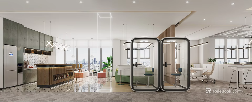 Modern Office Pantry Interior Design With Green Sofa Dining Tables And Pendant Lights 3d model 