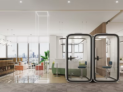 Modern Office Pantry Interior Design With Green Sofa Dining Tables And Pendant Lights 3d model