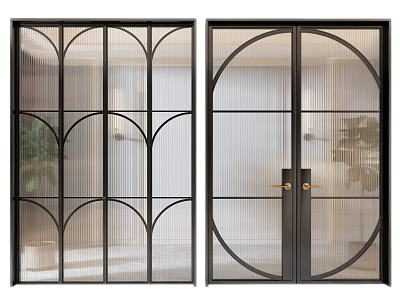 Modern Black Frame Double Doors With Arched Circular Design Transparent Glass And Gold Handles 3d model
