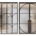 Modern Black Frame Double Doors With Arched Circular Design Transparent Glass And Gold Handles
