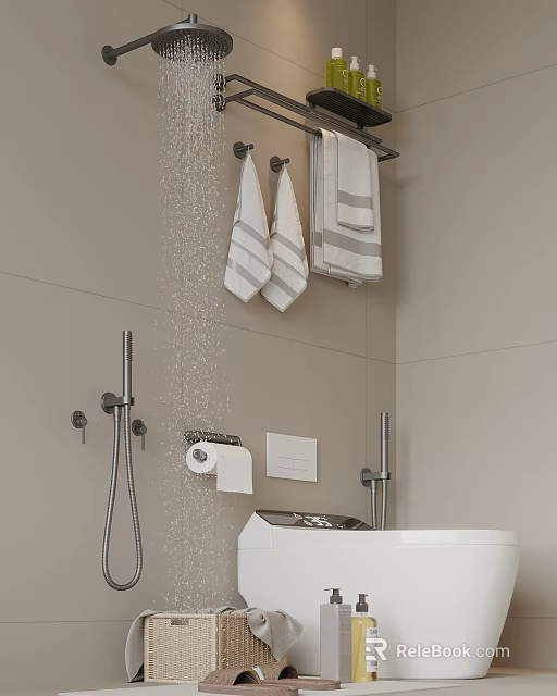 Modern Bathroom With Towels Towel Rack And Toilet Paper Holder 3d model 