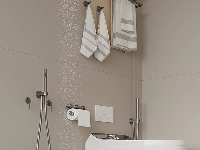 Modern Bathroom With Towels Towel Rack And Toilet Paper Holder 3d model