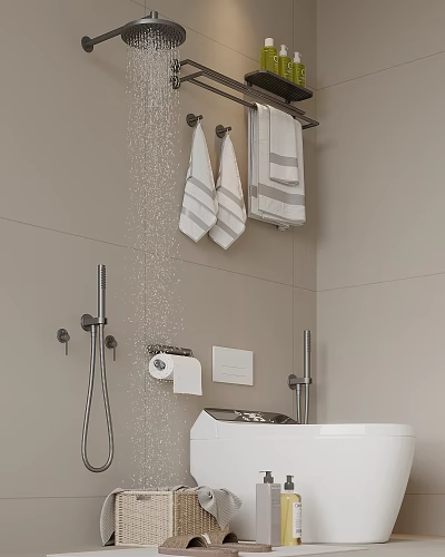Modern Bathroom With Towels Towel Rack And Toilet Paper Holder 3d model