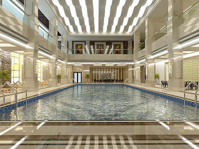 Indoor Swimming Pool With Modern Strip Ceiling Lighting Clear Water And Elegant Seating Areas 3d model