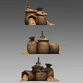 Decorative Garden Landscape With Stacked Sacks And Scattered Gold Coins