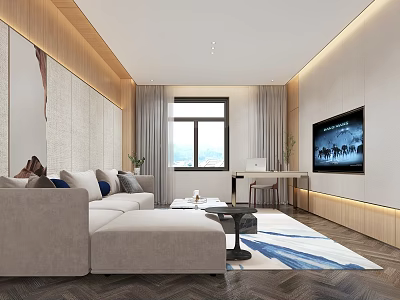 Hotel Guest Room Modern Interior Featuring Grey Sofa Coffee Table Blue White Rug TV Window 3d model