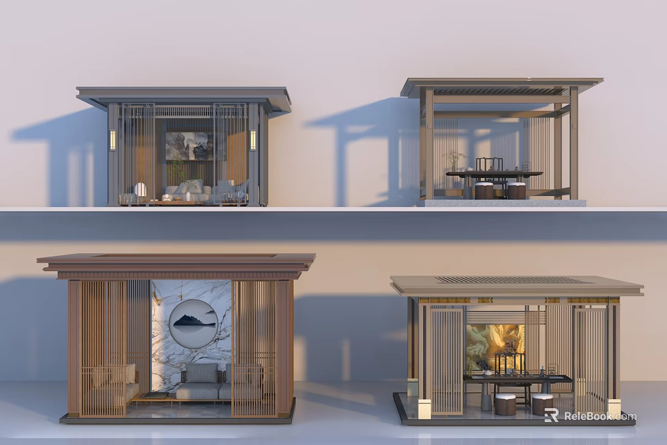 Modern Garden Pavilions With Wooden Frames Glass Panels And Interior Decor Elements 3d model 