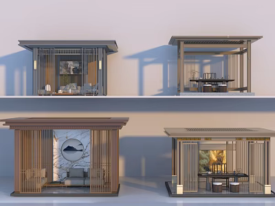 Modern Garden Pavilions With Wooden Frames Glass Panels And Interior Decor Elements 3d model