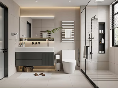 Modern Bathroom Interior Design With Vanity Toilet Shower Enclosure Mirror Lighting And Towel Rack 3d model