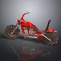 Red Custom Motorcycle With Large Tires Leather Seat And Metallic Details