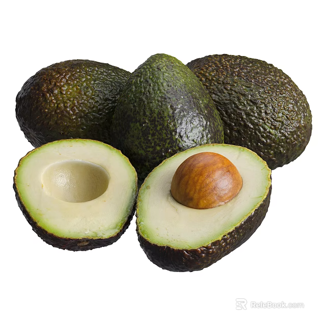 Ripe Whole and Halved Avocado with Creamy Flesh and Brown Seed 3d model 