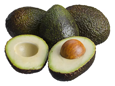 Ripe Whole and Halved Avocado with Creamy Flesh and Brown Seed 3d model