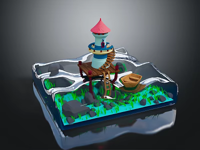 Cartoon Scenery With Red Top Lighthouse Wooden Ladders Small Boat Water Green Grass Rocks 3d model