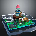 Cartoon Scenery With Red Top Lighthouse Wooden Ladders Small Boat Water Green Grass Rocks