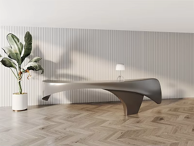 Curved Reception Desk Featuring Large Leaf Plant Table Lamp Vertical Striped Wall and Herringbone Floor 3d model