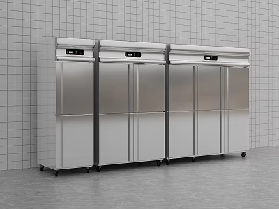 Three Silver Double Door Stainless Steel Refrigerators Freezers Against White Tiled Wall On Gray Floor 3d model