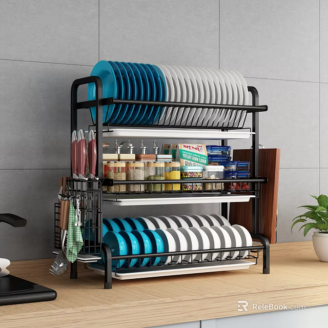Multi tiered Black Metal Bathroom Cabinet Rack With Plates Jars And Kitchen Utensils 3d model 
