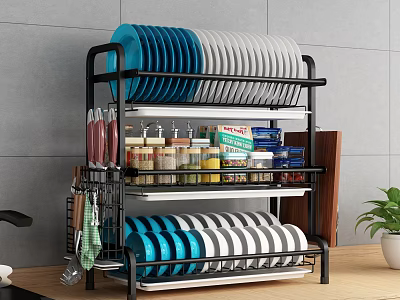 Multi tiered Black Metal Bathroom Cabinet Rack With Plates Jars And Kitchen Utensils 3d model