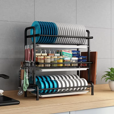 Multi tiered Black Metal Bathroom Cabinet Rack With Plates Jars And Kitchen Utensils 3d model