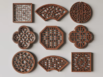 Traditional Carved Lattice Windows in Various Shapes with Intricate Wooden Patterns and Classic Designs 3d model