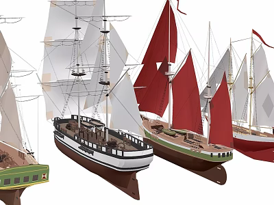 Various Sailing Ships with Colorful Red and White Sails and Classic Hull Designs 3d model