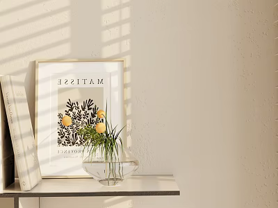 Books on Shelf with Framed Art Glass Vase Green Plants and Yellow Lemons 3d model