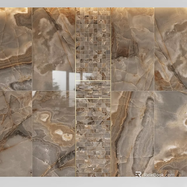 Natural Marble Tile Wall Design With Central Mosaic Strip And Elegant Texture Patterns 3d model