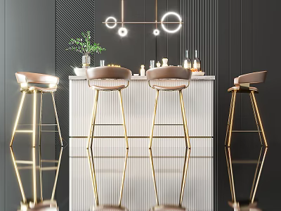 Elegant Modern Bar Counter With Gold Stools Pendant Lights Wine Bottles And Green Plants 3d model
