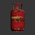 Red LPG Gas Cylinder With Yellow Stripe And Worn Exterior Surface Details