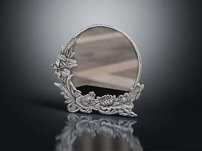 Elegant Round Decorative Mirror With Intricate Floral Carvings And Metal Base 3d model