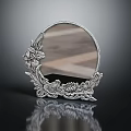 Elegant Round Decorative Mirror With Intricate Floral Carvings And Metal Base