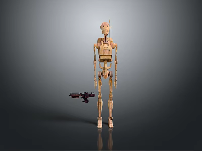 Detailed Wooden Humanoid Robot With Mechanical Structure Standing Next To Gun 3d model