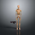 Detailed Wooden Humanoid Robot With Mechanical Structure Standing Next To Gun