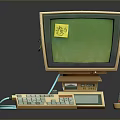 Vintage Computer With Green Screen Monitor Yellow Sticky Note Keyboard And Cables
