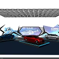 Three Colored Cars Blue Red White on Stage with Display Screens and Lights